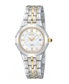 A timeless timepiece by Seiko. Stainless steel case and link bracelet with goldtone accents. Crystal markers and roman numerals on a mother-of-pearl dial. Date window. Quartz movement. Water resistant to 50 meters. A timeless timepiece by Seiko. Stainless steel case and link bracelet with goldtone accents. Crystal markers and roman numerals on a mother-of-pearl dial. Date window. Quartz movement. Water resistant to 50 meters.
