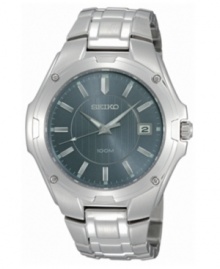 A dress watch with a refined, yet modern sensibility, from Seiko. Silvertone stainless steel bracelet and round case. Round light blue dial with logo, date window and stick indices. Quartz movement. Water resistant to 100 meters. Three-year limited warranty. A dress watch with a refined, yet modern sensibility, from Seiko. Silvertone stainless steel bracelet and round case. Round light blue dial with logo, date window and stick indices. Quartz movement. Water resistant to 100 meters. Three-year limited warranty.