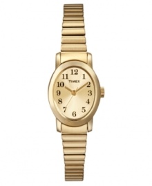Petite styling and rich gold tone complement this Timex watch's ease of use. Gold tone stainless steel expansion bracelet and oval mixed metal case. Brushed champagne dial features numerals at markers, three gold tone hands and logo. Quartz movement. One-year limited warranty. Petite styling and rich gold tone complement this Timex watch's ease of use. Gold tone stainless steel expansion bracelet and oval mixed metal case. Brushed champagne dial features numerals at markers, three gold tone hands and logo. Quartz movement. One-year limited warranty.