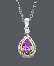 Subtly stylish. This sweet teardrop pendant combines a pear-cut amethyst (5/8 ct. t.w.) and a sparkling diamond accent. Crafted in sterling silver with 14k gold edges. Approximate length: 18 inches. Approximate drop: 9/10 inch. Subtly stylish. This sweet teardrop pendant combines a pear-cut amethyst (5/8 ct. t.w.) and a sparkling diamond accent. Crafted in sterling silver with 14k gold edges. Approximate length: 18 inches. Approximate drop: 9/10 inch.