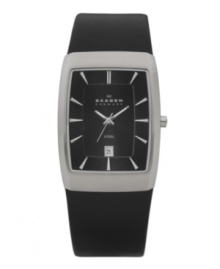 Steer clear of fleeting trends and remain timeless with this classic Skagen Denmark dress watch. Black leather strap and rectangular stainless steel case. Black dial features silvertone stick indices, date window at six o'clock, luminous hands and logo. Quartz movement. Water resistant to 30 meters. Limited lifetime warranty. Steer clear of fleeting trends and remain timeless with this classic Skagen Denmark dress watch. Black leather strap and rectangular stainless steel case. Black dial features silvertone stick indices, date window at six o'clock, luminous hands and logo. Quartz movement. Water resistant to 30 meters. Limited lifetime warranty.
