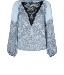 A romantic take on this seasons lace trend, Emilio Puccis printed silk top is as contemporary as it is chic - Boat neckline, sheer black lace front panel, charcoal lace printed silk, wide sleeves with gathered buttoned cuffs, slit with button closure at nape, shirttail hemline - Loosely fitted - Wear with leather leggings and statement suede ankle boots A romantic take on this seasons lace trend, Emilio Puccis printed silk top is as contemporary as it is chic - Boat neckline, sheer black lace front panel, charcoal lace printed silk, wide sleeves with gathered buttoned cuffs, slit with button closure at nape, shirttail hemline - Loosely fitted - Wear with leather leggings and statement suede ankle boots