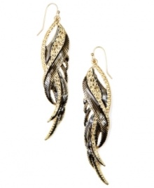 Get ready for take off, but don't forget to check your wings! RACHEL Rachel Roy's fashionable feather earrings incorporate black and topaz-hued glass accents in a gold-plated mixed metal setting. Approximate drop: 3-1/2 inches. Get ready for take off, but don't forget to check your wings! RACHEL Rachel Roy's fashionable feather earrings incorporate black and topaz-hued glass accents in a gold-plated mixed metal setting. Approximate drop: 3-1/2 inches.