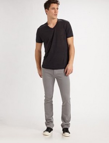 Welcome relief from its distressed and worn-in cousins, this straight-leg fit boasts a clean wash and versatile grey tint. Five-pocket style Inseam, about 33 Cotton/elastic Machine wash Imported Welcome relief from its distressed and worn-in cousins, this straight-leg fit boasts a clean wash and versatile grey tint. Five-pocket style Inseam, about 33 Cotton/elastic Machine wash Imported
