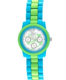 Go all natural with this garden-inspired watch by Sprout. Light blue and lime green corn resin bracelet and round case with mineral crystal. Genuine mother-of-pearl dial features floral design, diamond accent at twelve o'clock, printed black minute track, three multifunctional subdials, silver tone hour and minute hands, sweeping second hand and logo. Quartz movement. Limited lifetime warranty. Go all natural with this garden-inspired watch by Sprout. Light blue and lime green corn resin bracelet and round case with mineral crystal. Genuine mother-of-pearl dial features floral design, diamond accent at twelve o'clock, printed black minute track, three multifunctional subdials, silver tone hour and minute hands, sweeping second hand and logo. Quartz movement. Limited lifetime warranty.