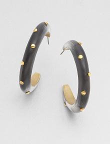From the Lucite Collection. Smooth, simple half hoops of hand-painted, hand-sculpted Lucite, sprinkled with golden studs.LuciteGoldtoneDiameter, about 1.9Post backMade in USA From the Lucite Collection. Smooth, simple half hoops of hand-painted, hand-sculpted Lucite, sprinkled with golden studs.LuciteGoldtoneDiameter, about 1.9Post backMade in USA