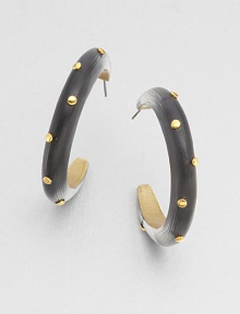 From the Lucite Collection. Smooth, simple half hoops of hand-painted, hand-sculpted Lucite, sprinkled with golden studs.LuciteGoldtoneDiameter, about 1.9Post backMade in USA