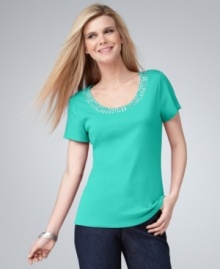 Style&co. updates a classic tee with a smattering of sparkling stones and sophisticated studs. Perfect for adding pop to your favorite jeans & capris! (Clearance)