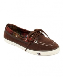 Kick back in classic style. The Chantily Boat Shoe from Tommy Hilfiger features contrast stitching, a lace-up vamp and a small iconic logo. Kick back in classic style. The Chantily Boat Shoe from Tommy Hilfiger features contrast stitching, a lace-up vamp and a small iconic logo.