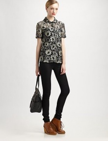 Whimsical daisy pattern adds a fresh spin to this lavish lace top. Point collarButton frontShort sleeves with rolled cuffs68% nylon/32% rayonDry cleanImportedModel shown is 5'10 (177cm) wearing US size 2. Whimsical daisy pattern adds a fresh spin to this lavish lace top. Point collarButton frontShort sleeves with rolled cuffs68% nylon/32% rayonDry cleanImportedModel shown is 5'10 (177cm) wearing US size 2.