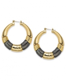 The luxe combo of hematite and gold tones create a lovely look to these Alfani hoop earrings. Crafted in gold tone mixed metal. Approximate diameter: 1-3/8 inches. The luxe combo of hematite and gold tones create a lovely look to these Alfani hoop earrings. Crafted in gold tone mixed metal. Approximate diameter: 1-3/8 inches.