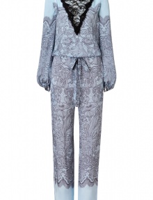 A romantic take on this seasons lace trend, Emilio Puccis sartorial jumpsuit is as contemporary as it is chic - Wide neckline, sheer black lace front panel, long sleeves, gathered elasticized cuffs, drawstring waistline, slit with button closure at nape - Loosely fitted - Wear with heels and a statement metallic clutch A romantic take on this seasons lace trend, Emilio Puccis sartorial jumpsuit is as contemporary as it is chic - Wide neckline, sheer black lace front panel, long sleeves, gathered elasticized cuffs, drawstring waistline, slit with button closure at nape - Loosely fitted - Wear with heels and a statement metallic clutch