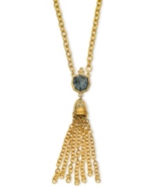 Worth the tassel: Crafted from 14k gold-plated, nickel-free base metal, this chain from T Tahari offers black and light sapphire-colored accents, as well as a tassel. Approximate length: 32 inches. Approximate drop: 4 inches. Worth the tassel: Crafted from 14k gold-plated, nickel-free base metal, this chain from T Tahari offers black and light sapphire-colored accents, as well as a tassel. Approximate length: 32 inches. Approximate drop: 4 inches.