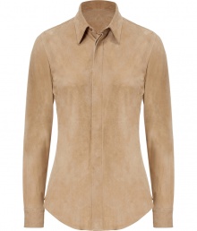 Luxurious top made ​.​.of fine, pale brown sheep suede - Tremendously smooth and exclusive quality leather - Narrow-waisted blouse silhouette with a classic collar and long sleeves - Hidden button placket - Favorite shirt for many occasions from business to evening events - Pair with wide-cut pants, pencil skirts, or casual wear and jeans