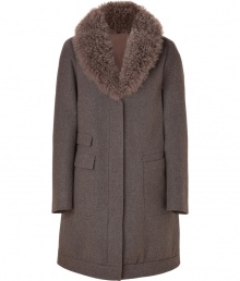 Understated and elegant in a contemporary shade of taupe heather, Brunello Cucinellis fur collar coat is an ultra luxurious approach to outerwear - Removable tonal cashmere goat fur collar, long sleeves, flap and slit pockets, hidden snaps and front zip, softly gathered hemline - Easy straight fit - Wear with streamlined leather accessories and chic ankle boots