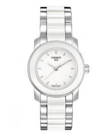 Refined elegance with everyday style, by Tissot. Cera collection watch crafted of stainless steel and white ceramic bracelet and round case. White dial features silver tone applied stick indices, three hands and logo. Swiss quartz movement. Water resistant to 30 meters. Two-year limited warranty. Refined elegance with everyday style, by Tissot. Cera collection watch crafted of stainless steel and white ceramic bracelet and round case. White dial features silver tone applied stick indices, three hands and logo. Swiss quartz movement. Water resistant to 30 meters. Two-year limited warranty.