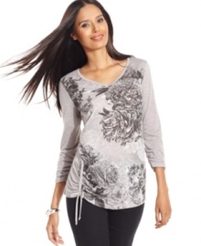 You'll fall in love with this top from Style&co., adorned with a floral print, ruched details and other feminine touches. You'll fall in love with this top from Style&co., adorned with a floral print, ruched details and other feminine touches.