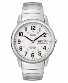 A sleek, versatile watch that wears well with every look by Timex. Stainless steel bracelet and round case. White dial with logo, date window and black numerals. Analog movement. Water resistant to 30 meters. One-year limited warranty. A sleek, versatile watch that wears well with every look by Timex. Stainless steel bracelet and round case. White dial with logo, date window and black numerals. Analog movement. Water resistant to 30 meters. One-year limited warranty.