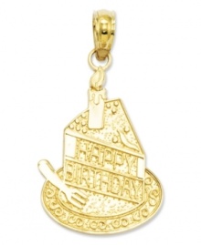 A perfectly personalized birthday gift! This sweet charm features a slice of birthday cake with a candle and the words, Happy Birthday, inscribed across the front. Crafted in 14k gold. Chain not included. Approximate length: 1 inch. Approximate width: 3/5 inch. A perfectly personalized birthday gift! This sweet charm features a slice of birthday cake with a candle and the words, Happy Birthday, inscribed across the front. Crafted in 14k gold. Chain not included. Approximate length: 1 inch. Approximate width: 3/5 inch.