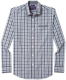Fine plaid and gingham check accents on the cuffs, placket, pocket and collar give this shirt from American Rag a sharp style. Fine plaid and gingham check accents on the cuffs, placket, pocket and collar give this shirt from American Rag a sharp style.