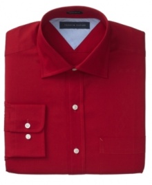 Saturate your style. In a rich hue, this Tommy Hilfiger shirt ups the ante on your dress wardrobe. Saturate your style. In a rich hue, this Tommy Hilfiger shirt ups the ante on your dress wardrobe.