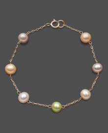 Pretty pearls in a variety of colors. This delicate children's pearl bracelet features multicolored cultured freshwater pearls (5-6 mm) set in 14k gold. Approximate length: 6 inches. Pretty pearls in a variety of colors. This delicate children's pearl bracelet features multicolored cultured freshwater pearls (5-6 mm) set in 14k gold. Approximate length: 6 inches.
