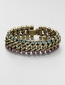 Two rows of sparkling and colorful Swarovski crystals sandwich a chic link chain. Swarovski crystalsOxide-plated brassLength, about 7.5Box and tongue closureMade in USA Two rows of sparkling and colorful Swarovski crystals sandwich a chic link chain. Swarovski crystalsOxide-plated brassLength, about 7.5Box and tongue closureMade in USA