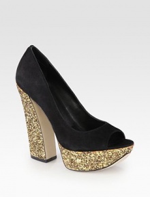 An unexpected glittery heel and platform heighten this peep toe pump of sumptuous suede. Glitter-coated canvas heel, 5¼ (130mm)Glitter-coated canvas platform, 1¼ (30mm)Compares to a 4 heel (100mm)Suede upperPeep toeLeather lining and solePadded insoleImported An unexpected glittery heel and platform heighten this peep toe pump of sumptuous suede. Glitter-coated canvas heel, 5¼ (130mm)Glitter-coated canvas platform, 1¼ (30mm)Compares to a 4 heel (100mm)Suede upperPeep toeLeather lining and solePadded insoleImported