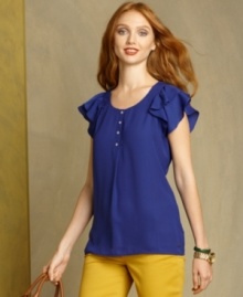Tommy Hilfiger's flutter-sleeve top is made from a cotton and linen blend for a super-soft look and feel. The vibrant color instantly energizes any ensemble, too! Tommy Hilfiger's flutter-sleeve top is made from a cotton and linen blend for a super-soft look and feel. The vibrant color instantly energizes any ensemble, too!