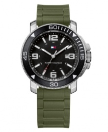 Let the adventure begin and bring this watch by Tommy Hilfiger along with you. Olive green silicone strap with faux link texture and round stainless steel case with white numerals at black bezel. Black dial features applied silver tone numerals at twelve, three, six and nine o'clock, stick indices, date window, three hands an iconic flag logo. Quartz movement. Water resistant to 30 meters. Ten-year limited warranty. Let the adventure begin and bring this watch by Tommy Hilfiger along with you. Olive green silicone strap with faux link texture and round stainless steel case with white numerals at black bezel. Black dial features applied silver tone numerals at twelve, three, six and nine o'clock, stick indices, date window, three hands an iconic flag logo. Quartz movement. Water resistant to 30 meters. Ten-year limited warranty.