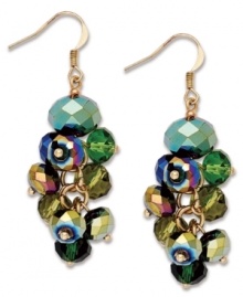 Drops of color from c.A.K.e. by Ali Khan. These stylish earrings feature clusters of beetle green glass beads in a gold tone mixed metal setting. Approximate drop: 2 inches. Drops of color from c.A.K.e. by Ali Khan. These stylish earrings feature clusters of beetle green glass beads in a gold tone mixed metal setting. Approximate drop: 2 inches.