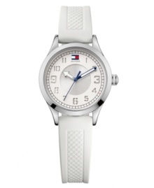 Lay it on thick. A layered dial adds an unexpected element to this crisp watch by Tommy Hilfiger. White textured silicone strap and round stainless steel case. Double-layered white and silver tone dial features cut-out numerals, black minute track, flag logo at twelve o'clock and three hands with blue accents. Quartz movement. Water resistant to 30 meters. Ten-year limited warranty. Lay it on thick. A layered dial adds an unexpected element to this crisp watch by Tommy Hilfiger. White textured silicone strap and round stainless steel case. Double-layered white and silver tone dial features cut-out numerals, black minute track, flag logo at twelve o'clock and three hands with blue accents. Quartz movement. Water resistant to 30 meters. Ten-year limited warranty.