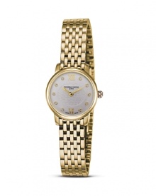 The sleek Slim Line watch features a 18K gold-plated stainless steel case with a thickness of only 1.90mm. Guilloché-engraved dial with diamond markers; applied Roman numeral markers at 12 and 6 o'clock. By Frédérique Constant. The sleek Slim Line watch features a 18K gold-plated stainless steel case with a thickness of only 1.90mm. Guilloché-engraved dial with diamond markers; applied Roman numeral markers at 12 and 6 o'clock. By Frédérique Constant.