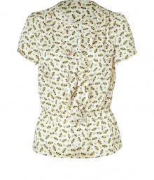 Stylish blouse in fine, beige print synthetic fiber - Chic butterfly and floral motif - Short sleeves and round neck - Button placket with decorative ruffle embellishment - Slim, ultra-feminine silhouette - Gently tapered, gathered waist - Ideal for both work and leisure, great for everyday - Pair with wide-leg or slim, 7/8 trousers and ballet flats or platform pumps Stylish blouse in fine, beige print synthetic fiber - Chic butterfly and floral motif - Short sleeves and round neck - Button placket with decorative ruffle embellishment - Slim, ultra-feminine silhouette - Gently tapered, gathered waist - Ideal for both work and leisure, great for everyday - Pair with wide-leg or slim, 7/8 trousers and ballet flats or platform pumps