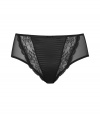 Get the sultry glamorous look of a vintage 1950s pin up girl in Von Follies by Dita Von Teeses quilted black satin and lace high-waisted briefs - Slinky lightweight quilted satin front panel, sheer scalloped stretch lace trim, sheer mesh sides and back with ruched detail - High-waisted, full coverage - Wear with the matching corset for a seriously seductive look