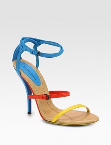 Boldly artistic adjustable straps in an on-trend colorblock design, elevated by an ultra-skinny heel. Self-covered heel, 4½ (115mm)Leather upperLeather lining and solePadded insoleMade in Italy Boldly artistic adjustable straps in an on-trend colorblock design, elevated by an ultra-skinny heel. Self-covered heel, 4½ (115mm)Leather upperLeather lining and solePadded insoleMade in Italy