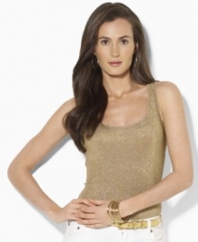 Crafted with a hint of stretch for a body-conscious fit, Lauren by Ralph Lauren's tank transforms into an eye-catching essential with allover glittering metallic threads. Crafted with a hint of stretch for a body-conscious fit, Lauren by Ralph Lauren's tank transforms into an eye-catching essential with allover glittering metallic threads.