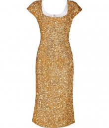 Shimmer into evening splendor in LWren Scotts allover sequined silk dress, exquisitely crafted with tonal gold caviar beads - Scoop neckline in front and back, cap sleeves, hidden metal back zip - Form-fitting, mid-length - Pair with monochrome accessories and a dusting of sparkly fine jewelry