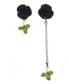 Flower power. Betsey Johnson's signature playful, quirky aesthetic has inspired these mismatched black rose earrings. Embellished with leaf accents, they're set in mixed metal. Approximate drop: 1 inch, 2-3/4 inches. Flower power. Betsey Johnson's signature playful, quirky aesthetic has inspired these mismatched black rose earrings. Embellished with leaf accents, they're set in mixed metal. Approximate drop: 1 inch, 2-3/4 inches.