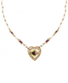 A cameo appearance. Amethyst-colored resin beads, costume pearls, and a pretty, heart-shaped floral charm accent 2028's unique vintage pendant. Set in rose gold tone mixed metal. Approximate length: 15 inches + 3-inch extender. Approximate drop: 1-1/4 inches. A cameo appearance. Amethyst-colored resin beads, costume pearls, and a pretty, heart-shaped floral charm accent 2028's unique vintage pendant. Set in rose gold tone mixed metal. Approximate length: 15 inches + 3-inch extender. Approximate drop: 1-1/4 inches.