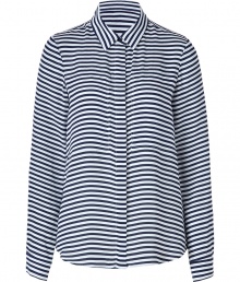Stand-out in stripes this season in Theorys ultra soft white and navy silk shirt - Classic collar, long sleeves, buttoned cuffs, button-down front, stitched paneling at chest, shirttail hemline - Loose fit - Wear with everything from jeans and flats to pencil skirts and heels Stand-out in stripes this season in Theorys ultra soft white and navy silk shirt - Classic collar, long sleeves, buttoned cuffs, button-down front, stitched paneling at chest, shirttail hemline - Loose fit - Wear with everything from jeans and flats to pencil skirts and heels