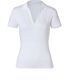 Detailed in super soft mercerized cotton with a feminine open neckline, Ralph Laurens polo is a contemporary take on this iconic style - Small collar, open placket, short sleeves, tonal embroidered polo player at chest - Slim fit - Wear with your favorite jeans and just as bright loafers Detailed in super soft mercerized cotton with a feminine open neckline, Ralph Laurens polo is a contemporary take on this iconic style - Small collar, open placket, short sleeves, tonal embroidered polo player at chest - Slim fit - Wear with your favorite jeans and just as bright loafers