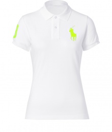 Detailed in breathable cotton mesh, Ralph Laurens neon detailed big pony polo is a cool modern take on this iconic style - Small collar, button placket, short sleeves, oversized neon yellow embroidered polo player at chest and number patch on sleeve, slit sides, high-low hemline - Classic slim fit - Wear with your favorite jeans and just as bright loafers Detailed in breathable cotton mesh, Ralph Laurens neon detailed big pony polo is a cool modern take on this iconic style - Small collar, button placket, short sleeves, oversized neon yellow embroidered polo player at chest and number patch on sleeve, slit sides, high-low hemline - Classic slim fit - Wear with your favorite jeans and just as bright loafers