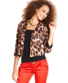 Polished with attitude. XOXO's three-quarter sleeve animal-print blazer spices up your day-to-night look with bold, sophisticated style. Polished with attitude. XOXO's three-quarter sleeve animal-print blazer spices up your day-to-night look with bold, sophisticated style.