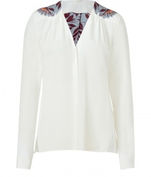 The classic white shirt gets a boho-inspired redux with this printed version from Schumacher - V-neck, gathered shoulders with printed detail, front button placket, long sleeves, asymmetric hem with vents, relaxed fit - Wear with flared jeans and platform heels The classic white shirt gets a boho-inspired redux with this printed version from Schumacher - V-neck, gathered shoulders with printed detail, front button placket, long sleeves, asymmetric hem with vents, relaxed fit - Wear with flared jeans and platform heels