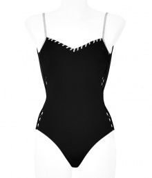 Luxurious one-piece bathing suit in fine, black and white synthetic fiber brings sexy, understated style to vacation - Features high-cut legs, deep back, and thin straps - Design has peek-a-boo lace-up effect at sides and decorative stitching at neckline - Stretch push-up fit is flattering to all figures - Indispensable basic for summer and vacation wardrobes