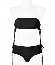 Take your swim look to the next level with this ultra-sexy bandeau bikini from La Perla by Jean Paul Gaultier - Ruched bandeau top with side cut outs and ties, back dual strap closure with clasp - Ruched bottoms with side cut out and ties - Style with a sheer caftan, wedge sandals, and a sunhat Take your swim look to the next level with this ultra-sexy bandeau bikini from La Perla by Jean Paul Gaultier - Ruched bandeau top with side cut outs and ties, back dual strap closure with clasp - Ruched bottoms with side cut out and ties - Style with a sheer caftan, wedge sandals, and a sunhat