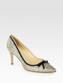 This glittery point toe pump with grosgrain ribbon trim is a lust-worthy look. Self-covered heel, 3 (75mm)Glitter-coated upper with grosgrain ribbon trimPoint toeLeather lining and solePadded insoleImported This glittery point toe pump with grosgrain ribbon trim is a lust-worthy look. Self-covered heel, 3 (75mm)Glitter-coated upper with grosgrain ribbon trimPoint toeLeather lining and solePadded insoleImported