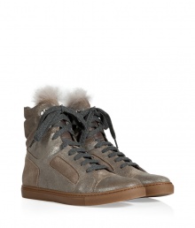 Urban cool looks call for a finish of edgy accessories, and Brunello Cucinellis glimmering stone suede hi-tops are a luxe modern choice - Rounded toe, flat charcoal laces, puffed collar, wispy shearling tongue trim, stitched welt, natural rubber sole - Wear with deconstructed jeans and leather jackets, or with chic flannels and skinny tailored trousers Urban cool looks call for a finish of edgy accessories, and Brunello Cucinellis glimmering stone suede hi-tops are a luxe modern choice - Rounded toe, flat charcoal laces, puffed collar, wispy shearling tongue trim, stitched welt, natural rubber sole - Wear with deconstructed jeans and leather jackets, or with chic flannels and skinny tailored trousers