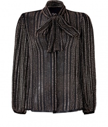 With its cool beaded front and ultra feminine slit tie neck, LAgences black silk blouse lends a modern-romantic finish to any outfit - Tie neck with slit, wide bracelet-length sleeves with elasticized cuffs, hidden front snap closures, sheer front, solid black back - Softly draped fit - Wear with a pencil skirt and heels to cocktails With its cool beaded front and ultra feminine slit tie neck, LAgences black silk blouse lends a modern-romantic finish to any outfit - Tie neck with slit, wide bracelet-length sleeves with elasticized cuffs, hidden front snap closures, sheer front, solid black back - Softly draped fit - Wear with a pencil skirt and heels to cocktails